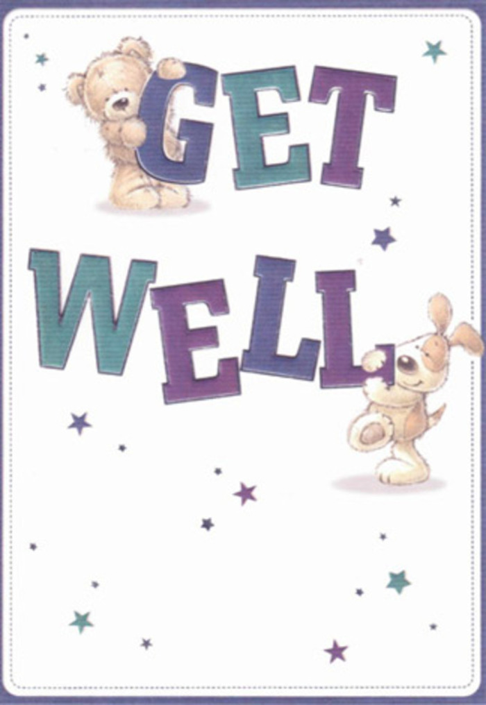 A delightful get well scene unfolds in this card, where an adorable bear and a puppy stand together, surrounded by floating stars and luminous text. The illustration artfully balances cheerful innocence with thoughtful detail: the bear's fluffy fur and the puppy's velvety ears are almost palpable, inviting a sense of gentle contact much like touching the petals of a freshly delivered bouquet. Large letters, bathed in radiant purples and teals, provide confident reassurance, echoing the serene beauty of green spaces like Walton Heath in Tadworth. The pale background bathes the scene in soft light, evoking feelings of calm and clarity so essential for wellbeing. Each element feels as meticulously placed as blooms in a hand-tied arrangement from a seasoned Tadworth florist, offering heartfelt encouragement and a sense of hope to accompany someone's healing journey.