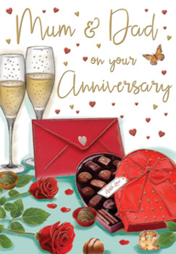 Detailed illustrated anniversary card capturing the essence of a shared celebration for Mum and Dad, reminiscent of the cosy gatherings so familiar in Tadworth. The image centres on two tall champagne flutes, drawn with fine lines that accentuate their height and elegance. Each glass is filled with a golden, sparkling liquid, the effervescent bubbles depicted as tiny, rising pearls of light, suggesting the anticipation of an anniversary toast in a quiet dining room off Tattenham Way. In front of the glasses, an open heart-shaped chocolate box anchors the composition. Its deep red lid, lavishly tied with a broad, looping bow, has been set to one side to reveal an assortment of round and square chocolates resting in snug compartments. The shaded surfaces of the sweets convey a sense of richness and variety, as if each one offers a different indulgent surprise. Lying nearby are two full-bodied red roses, their velvety petals spiralling outward in layers, contrasted by fresh, glossy green foliage that calls to mind freshly conditioned stems on the workbench at a local florist studio. A bold scarlet envelope, sealed and slightly tilted, rests at the edge of the scene, quietly indicating a handwritten message exchanged with love, perhaps after a day spent with family around Tadworth Cricket Green. Softly scattered across the background are gold and crimson hearts and elegant swirls, which frame the Mum & Dad greeting in a way that feels both playful and deeply affectionate. The overall mood is warm, luxurious, and intimate, celebrating enduring love, shared treats, and the simple joy of raising a glass together year after year.