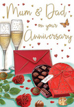 Atmospheric anniversary card illustration dedicated to Mum and Dad, painted with the warmth and detail a Tadworth florist might use when describing a perfect evening celebration. At the heart of the design stand two slim champagne flutes, positioned closely enough that they almost touch, symbolising a long-standing partnership. Their clear glass catches the ambient glow, while delicate streams of golden bubbles rise within, holding the moment just before a meaningful toast in a home looking out toward the Downs. Below, an inviting heart-shaped box of chocolates lies open on the table. The lid, in a deep red tone, is crowned with a generous, textured bow that twists and folds as if made from real satin ribbon. Inside the box, rows of carefully shaded chocolates rest side by side, their rounded forms suggesting different flavours and fillings, each one a small shared pleasure. Nearby, two sumptuous red roses are placed casually yet artfully, the petals dense and velvety, edged in rich crimson, with cool green leaves that bring a touch of garden freshness-just the kind of classic stems chosen for same-day anniversary delivery across Tadworth and neighbouring areas. A bright scarlet envelope, sealed and slightly propped up, indicates a private, handwritten message filled with memories and quiet thanks. Scattered above and around the main elements, glimmering gold and crimson hearts and light decorative swirls surround the Mum & Dad message, adding a sense of tender celebration. The palette of reds, golds, and soft highlights creates a cosy, indulgent atmosphere that evokes the scent of roses, the taste of good chocolate, and the comforting rhythm of a life lived side by side.